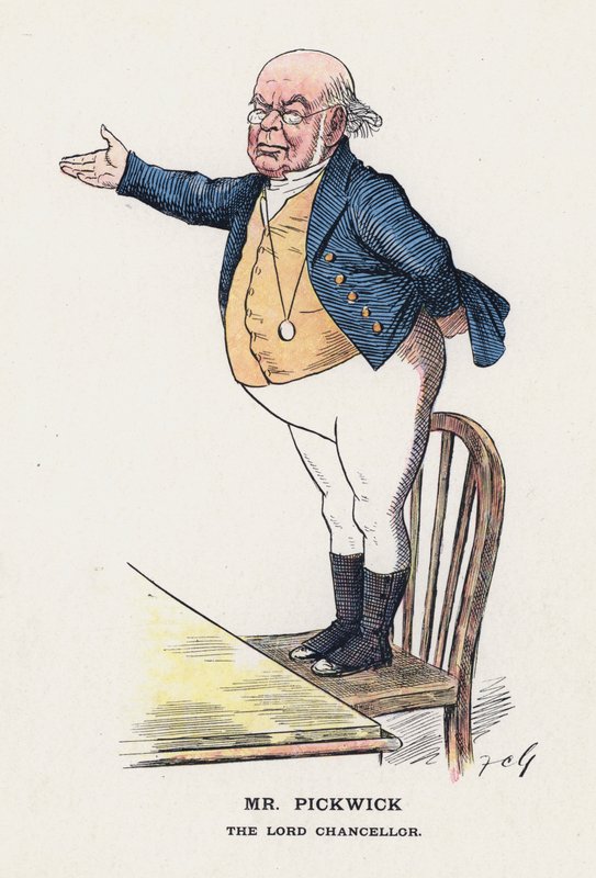 Mr Pickwick, Lord Chancellor (färg litho) av Francis Carruthers Gould