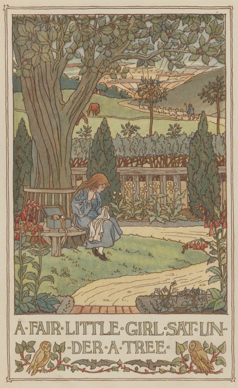 En vacker liten flicka satt under ett träd (färglitografi) av Francis Donkin Bedford