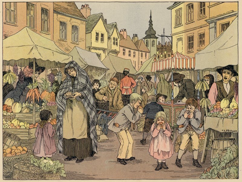 Bedfords bok om butiker: Fruktstånd (färglitografi) av Francis Donkin Bedford