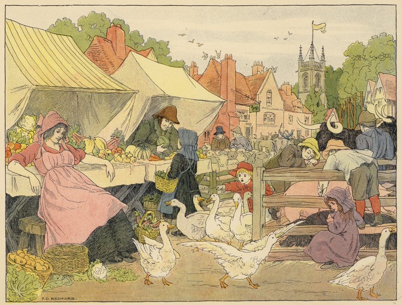 Bedfords bok om butiker: Market (färglitografi) av Francis Donkin Bedford