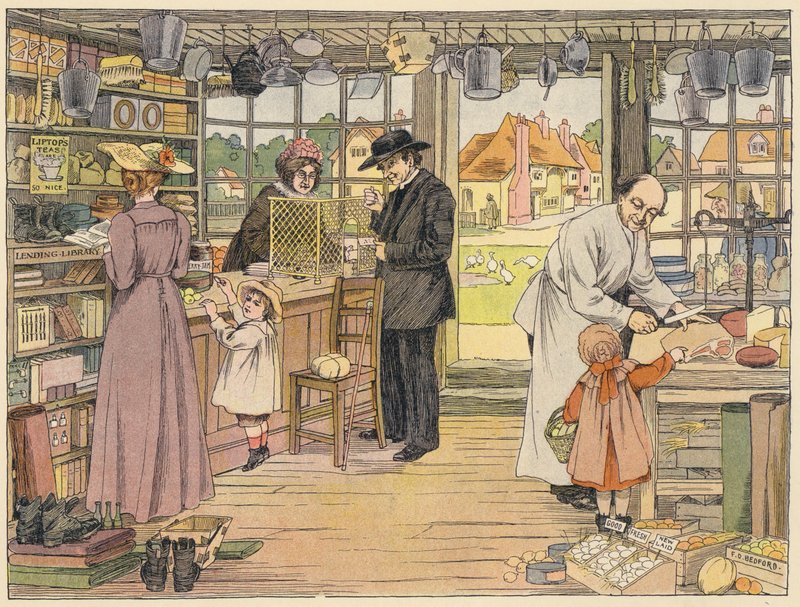 Bedfords bok om butiker: Bybutik (färglitografi) av Francis Donkin Bedford