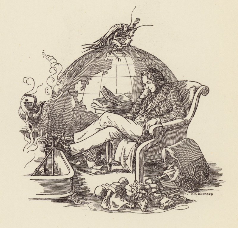 Illustration till Syrsan på härden av Charles Dickens (färglitografi) av Francis Donkin Bedford