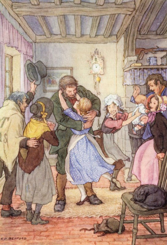 Illustration till Syrsan på härden av Charles Dickens (färglitografi) av Francis Donkin Bedford
