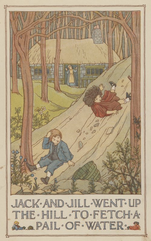 Jack och Jill gick upp för kullen för att hämta en hink med vatten (färglitografi) av Francis Donkin Bedford