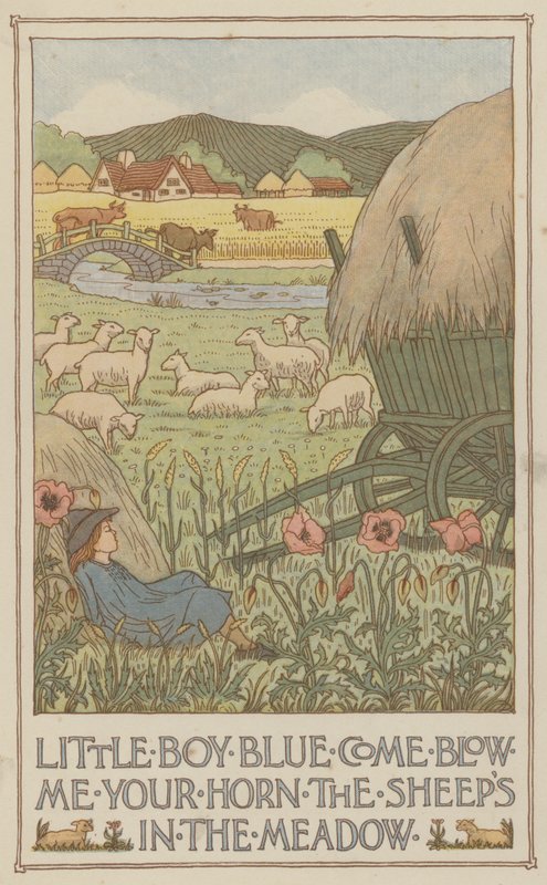 Little Boy Blue kom blås i ditt horn fåren är på ängen (färglitografi) av Francis Donkin Bedford