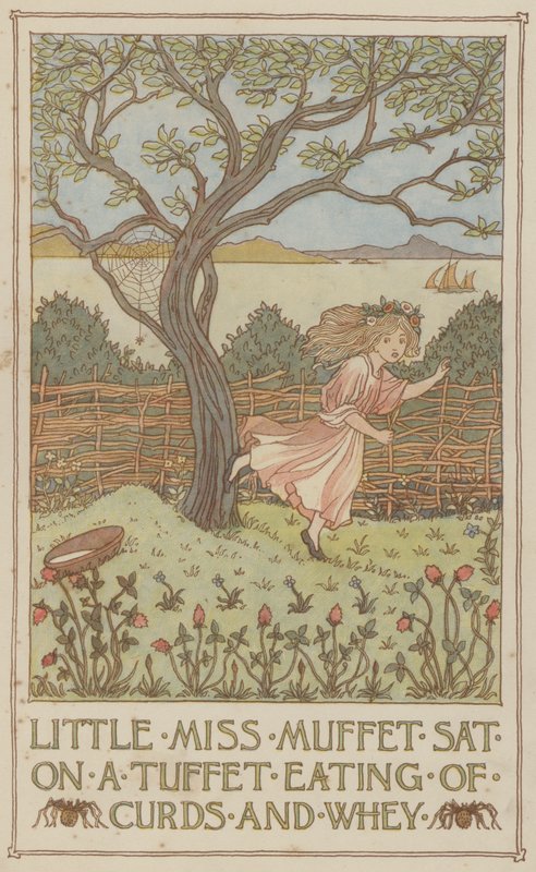 Lilla Miss Muffet satt på en tuffet och åt ostmassa och vassle (färglitografi) av Francis Donkin Bedford