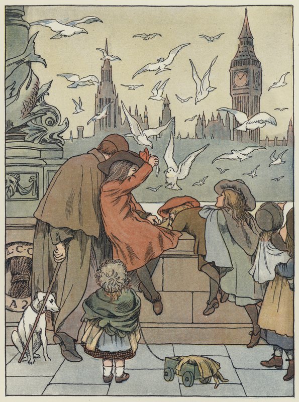 London: Feeding the Gulls (färglitografi) av Francis Donkin Bedford