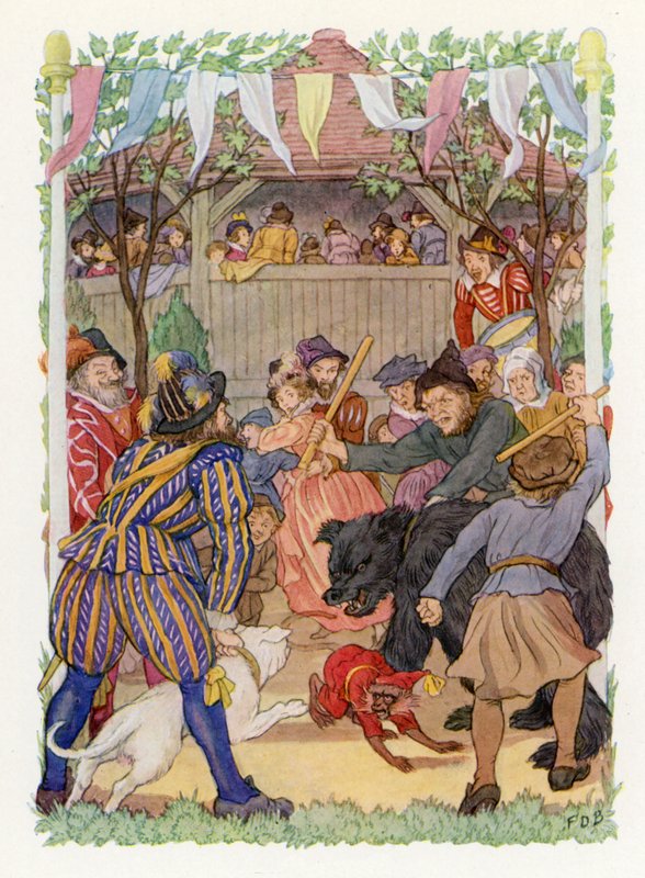 Merrie England: Baiting the Bear (färglitografi) av Francis Donkin Bedford
