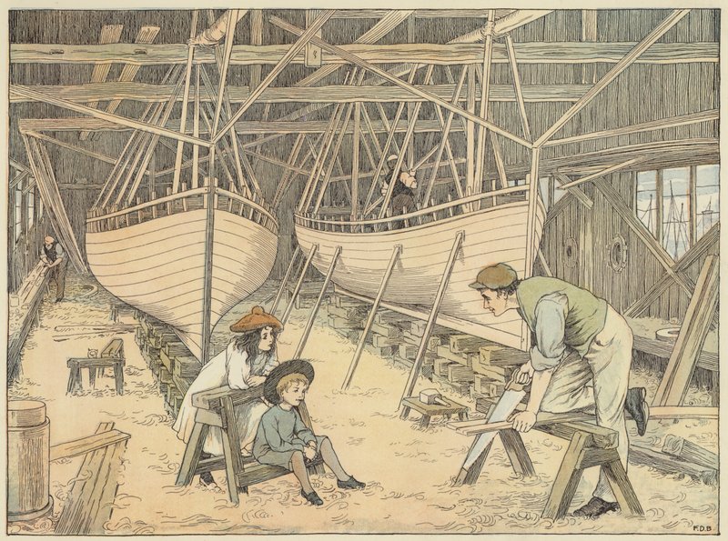 Skeppsbyggare (färglitografi) av Francis Donkin Bedford