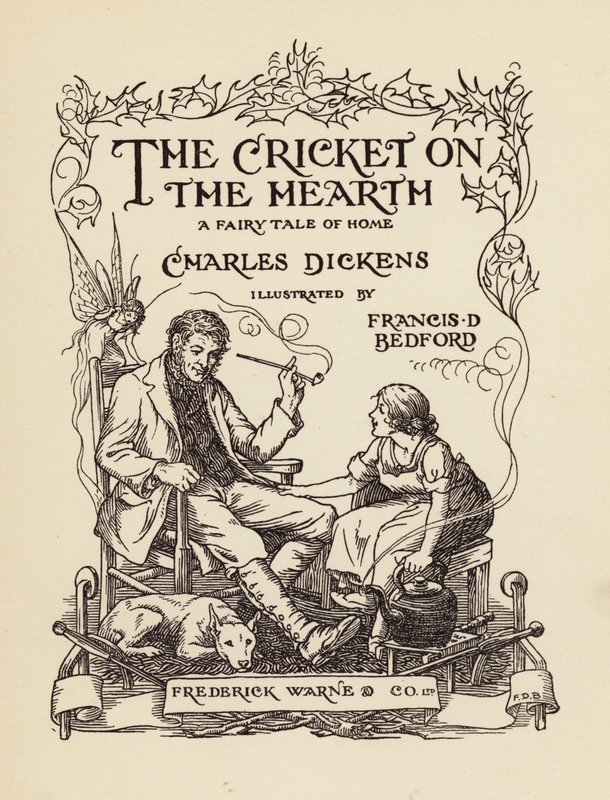 Titelsidesillustration till Grillen på härden av Charles Dickens (färglitografi) av Francis Donkin Bedford