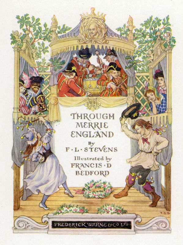 Titelsidesillustration för Through Merrie England (färglitografi) av Francis Donkin Bedford