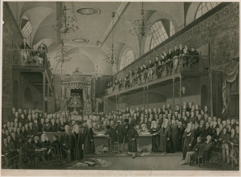 Utsikt över House of Lords inre under den viktiga utredningen 1820 (gravyr) av Francis Phillip (after) Stephanoff