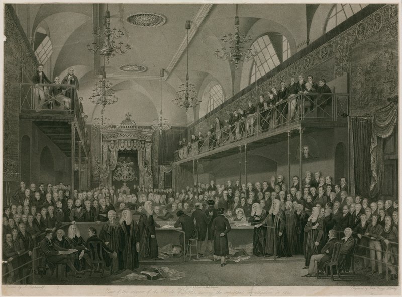 Interiör av House of Lords, Westminster, London, under den viktiga utredningen 1820 av Francis Phillip Stephanoff