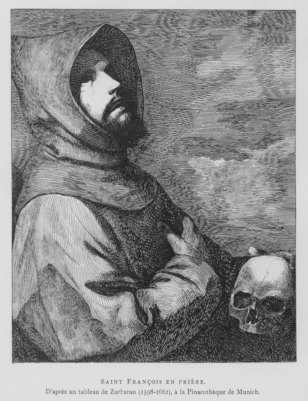 St Francis av Assisi i bön (litho) av Francisco de (after) Zurbaran