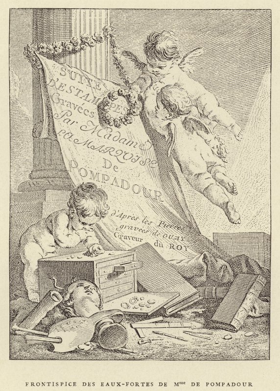Frontispice av Madame de Pompadours etsningar (gravyr) av Francois (after) Boucher