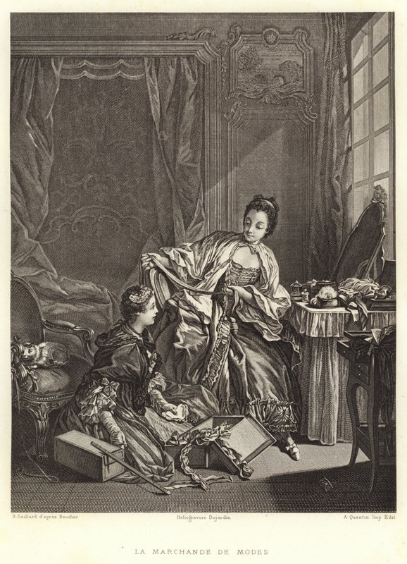 The Fashion Merchant (gravyr) av Francois (after) Boucher