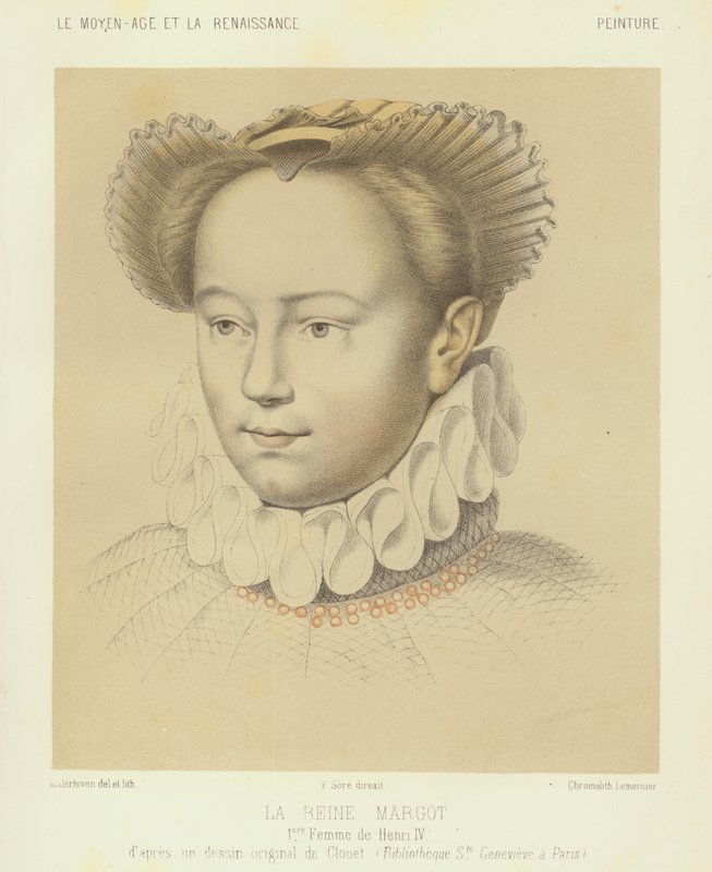 Margareta av Valois, första fru till kung Henrik IV av Frankrike (chromolitho) av Francois (after) Clouet