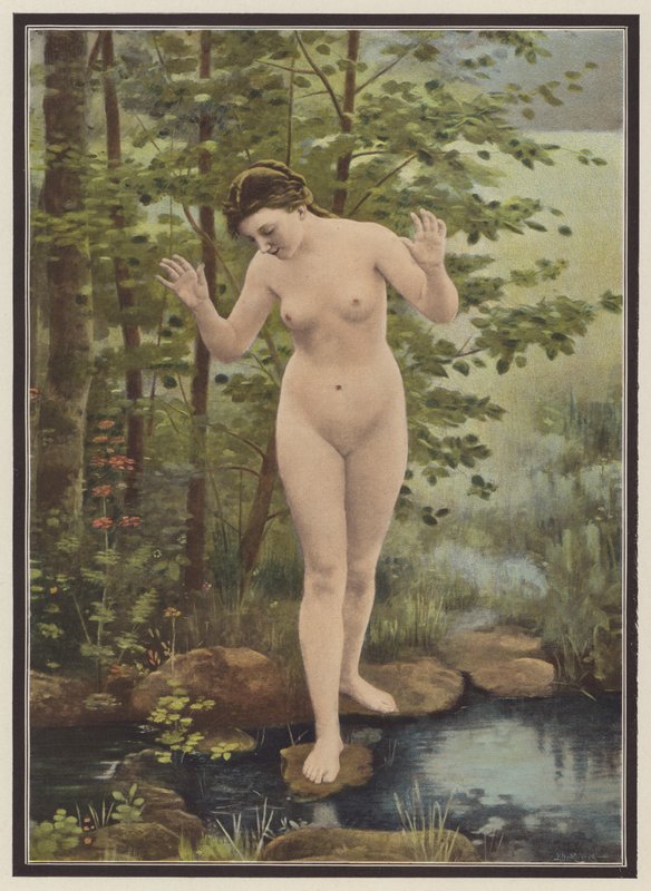 Uppenbarelse, en kvinna och hennes reflektion i vatten (färg litho) av Francois Eugene Brillaud