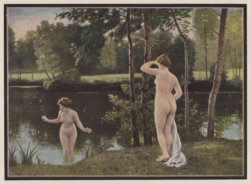 Badgästerna (färg litho) av Francois Eugene Brillaud
