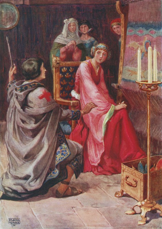 Pilgrimen och drottningen, från The Staff and Scrip av Dante G Rossetti av Frank Adams