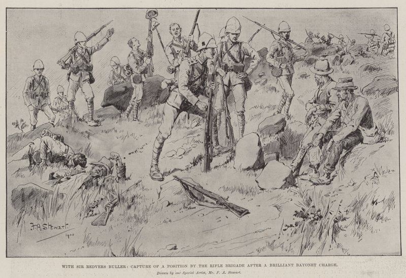Med Sir Redvers Buller, Rifle Brigades erövring av en position efter en lysande bajonettattack. av Frank Algenon Stewart