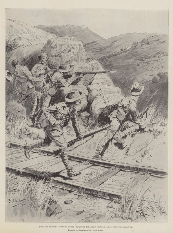 Med Sir Redvers Bullers styrka, beridet infanteri som driver bort boerna från järnvägen. av Frank Algenon Stewart