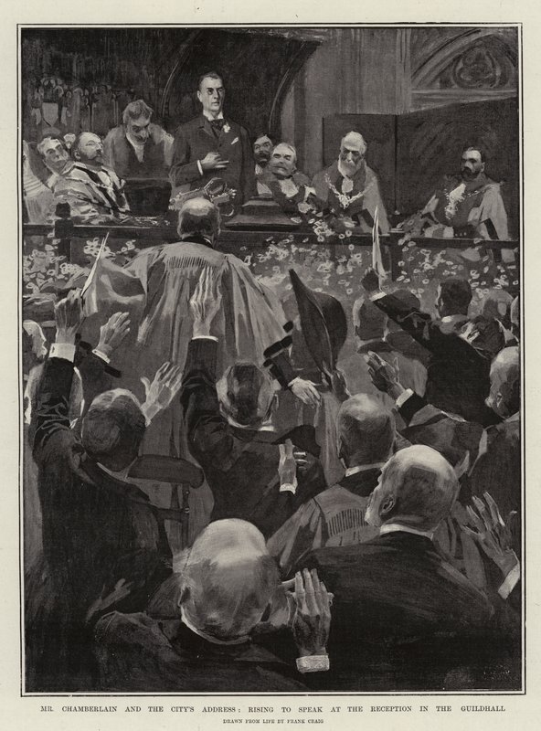 Herr Chamberlain och stadens anförande, reser sig för att tala vid receptionen i Guildhall av Frank Craig