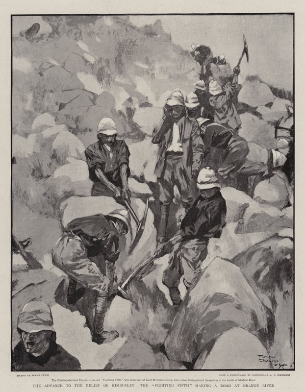 The Advance to the Relief of Kimberley, the Fighting Fifth som gör en väg vid Orange River av Frank Craig