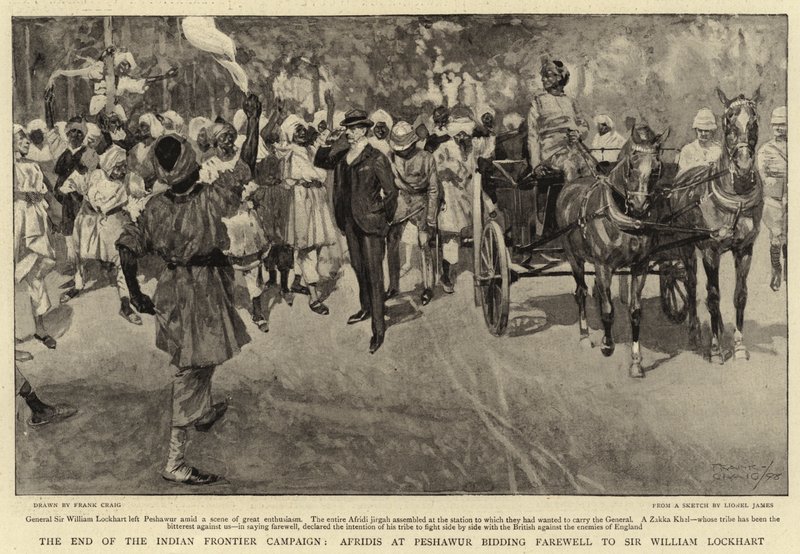 Slutet på den indiska gränskampanjen, Afridis vid Peshawur sa farväl till Sir William Lockhart av Frank Craig