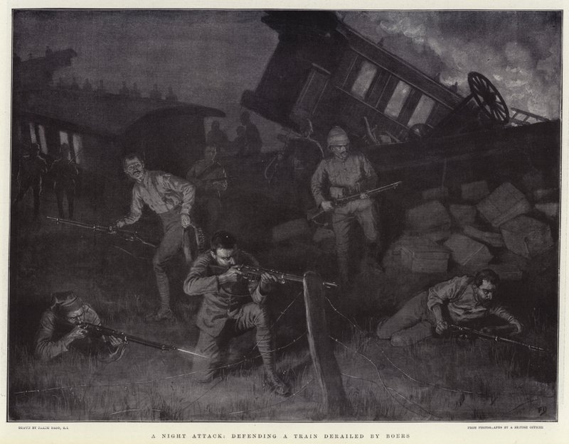 En nattattack, försvarar ett tåg som spårats ur av boer av Frank Dadd