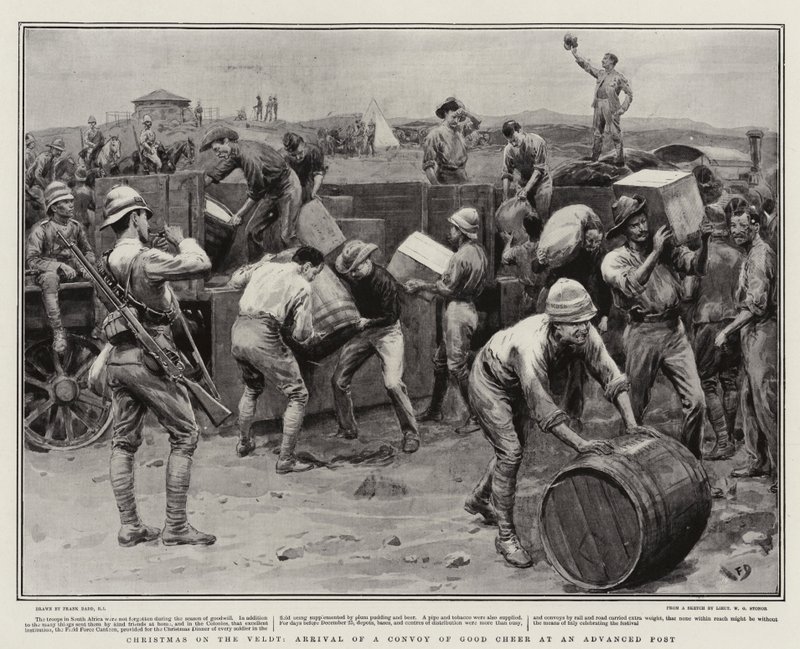 Jul på Veldt, ankomsten av en konvoj av gott humör vid en avancerad post av Frank Dadd