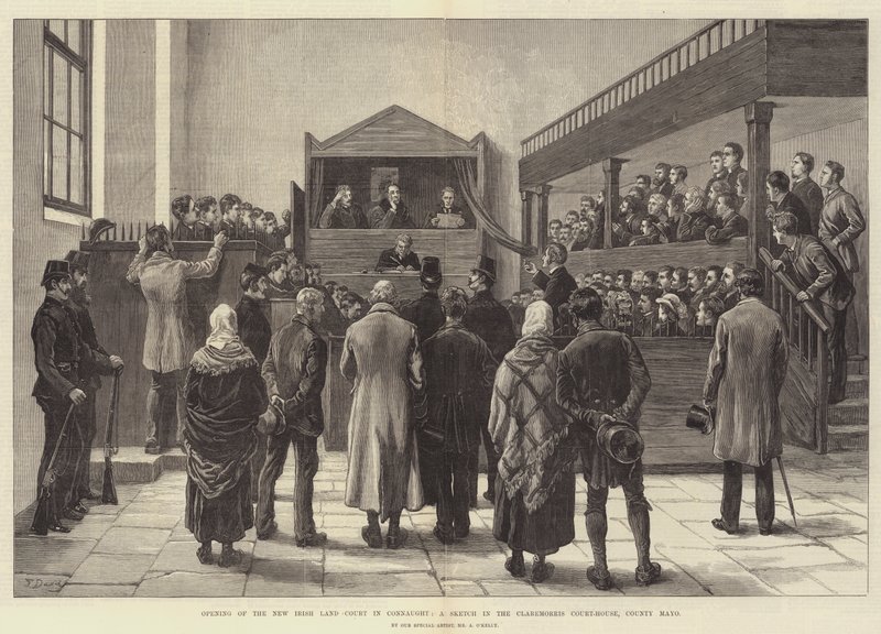 Invigning av New Irish Land Court i Connaught, en skiss i Claremorris Court-House, County Mayo av Frank Dadd