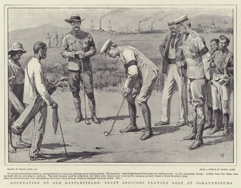 Rekreation på gamla slagfält, stabsofficerare som spelar golf i Johannesburg av Frank Dadd
