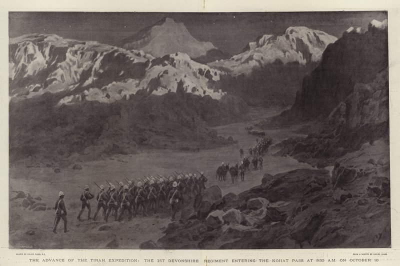 The Advance of the Tirah Expedition, det första Devonshire-regementet som går in i Kohat-passet kl. 03.30 den 10 oktober av Frank Dadd