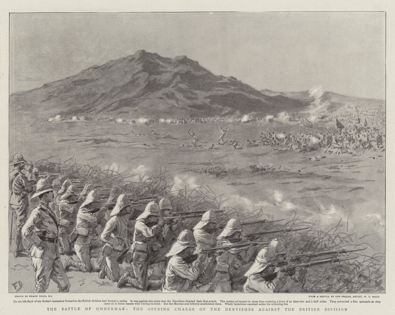 Slaget vid Omdurman, dervischernas inledande anfall mot den brittiska divisionen av Frank Dadd
