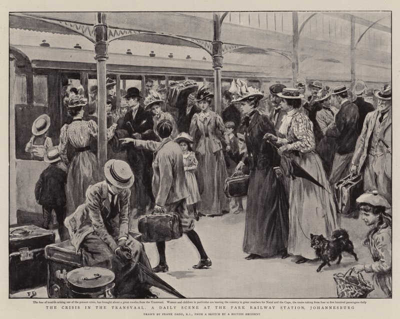 The Crisis in the Transvaal, en daglig scen på Park Railway Station, Johannesburg av Frank Dadd
