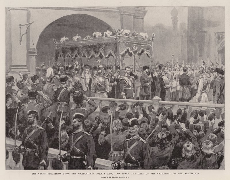 Tsarens procession från Granovitaya Palata på väg att gå in i porten till antagandets katedral av Frank Dadd
