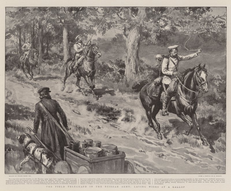 Fälttelegrafen i den ryska armén, lägger trådar i galopp av Frank Dadd