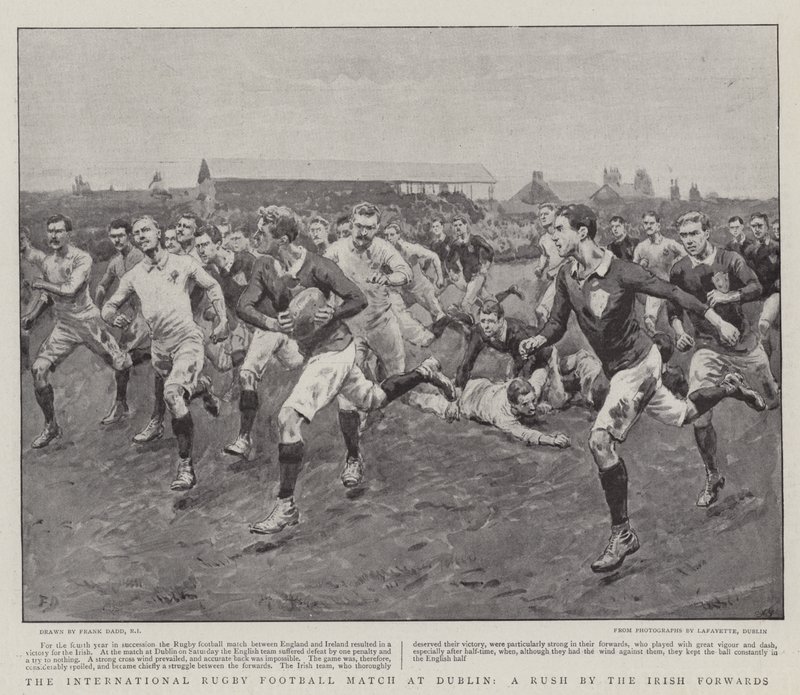 Den internationella rugbymatchen i Dublin, en rusning av irländska forwards av Frank Dadd