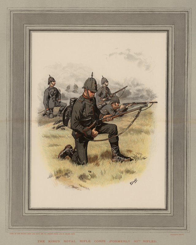 Kungens kungliga skyttekår, tidigare 60th Rifles (chromolitho) av Frank Dadd