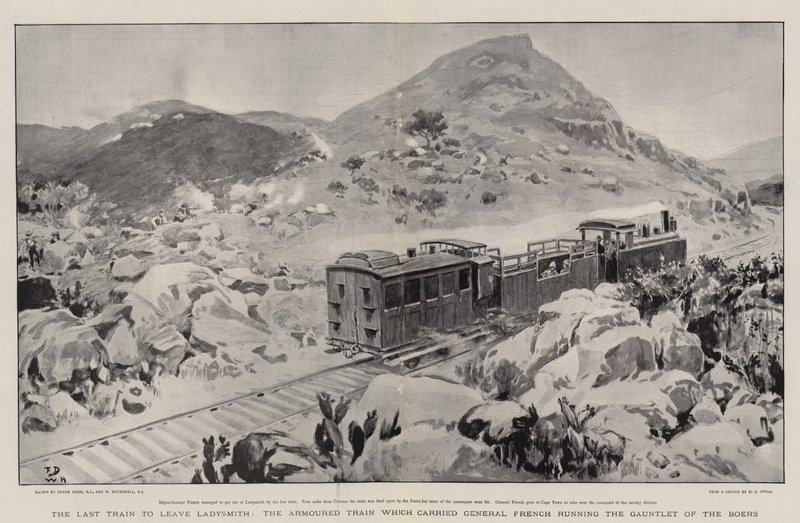 Det sista tåget som lämnade Ladysmith, pansartåget som bar General French som körde boernas handske av Frank Dadd