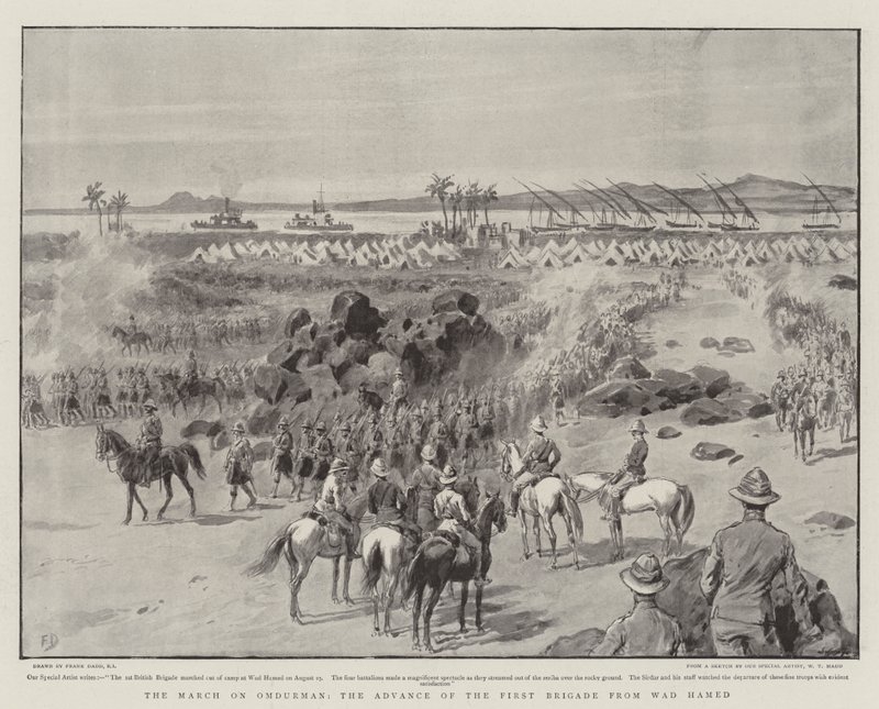 Marschen mot Omdurman, den första brigadens framryckning från Wad Hamed av Frank Dadd