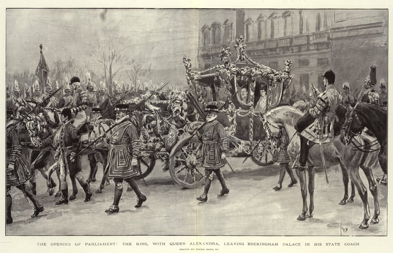 Öppnandet av parlamentet, kungen, med drottning Alexandra, som lämnar Buckingham Palace i sin statstränare av Frank Dadd