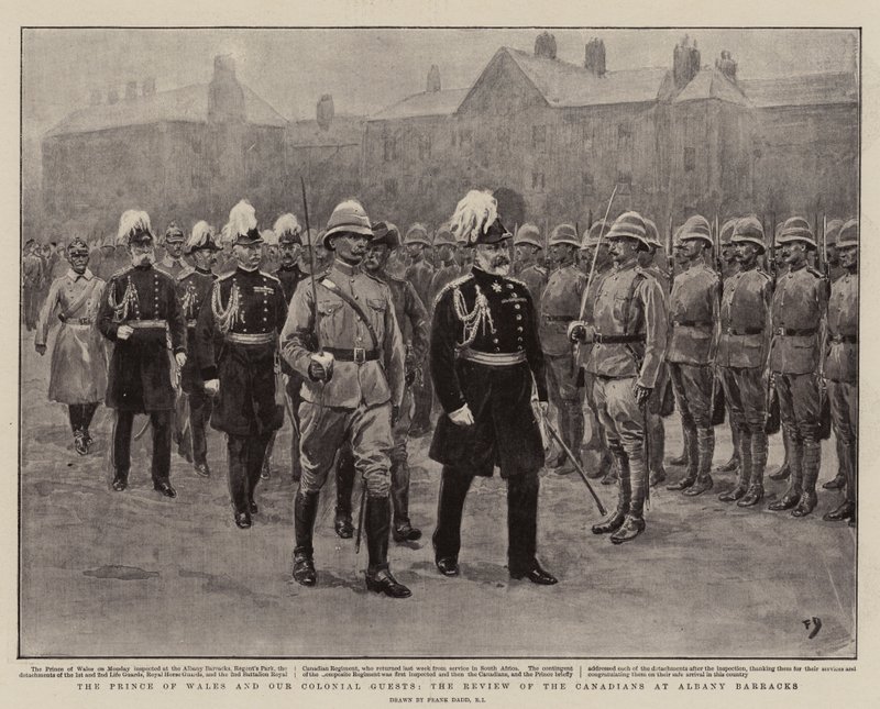Prinsen av Wales och våra koloniala gäster, granskningen av kanadensarna vid Albany Barracks av Frank Dadd