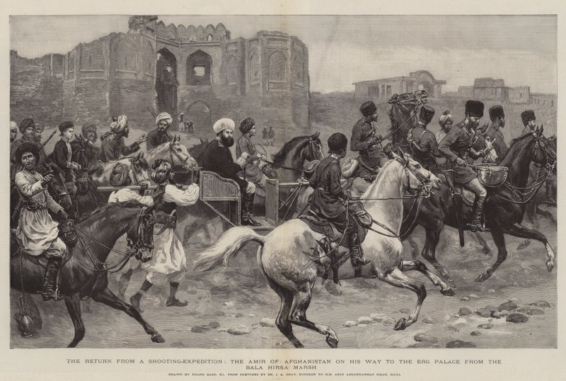 Återkomsten från en skjutexpedition, amiren från Afghanistan på väg till Erg-palatset från Bala Hirsa Marsh av Frank Dadd