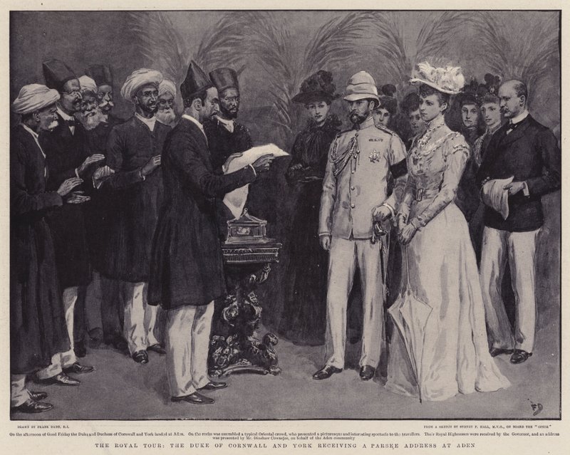 The Royal Tour, hertigen av Cornwall och York tar emot en Parsee-adress i Aden av Frank Dadd
