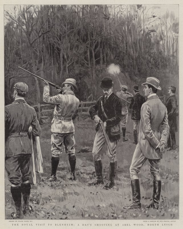 Det kungliga besöket i Blenheim, en dags skytte på Abel Wood, North Leigh av Frank Dadd