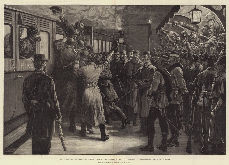 The State of Ireland, arresterad enligt tvångslagen, en skiss på Roscommons järnvägsstation av Frank Dadd