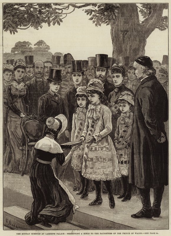 Söndagsskolorna i Lambeth Palace överlämnar en bibel till prinsens av Wales döttrar. av Frank Dadd