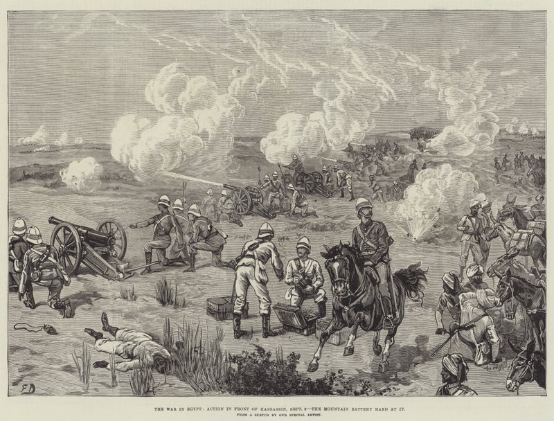 Kriget i Egypten, action framför Kassassin, 9 september, bergsbatteriet hårt av Frank Dadd